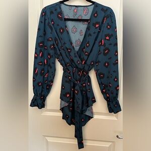Blue Leapord Print Wrap Tunic Long Women’s Top
